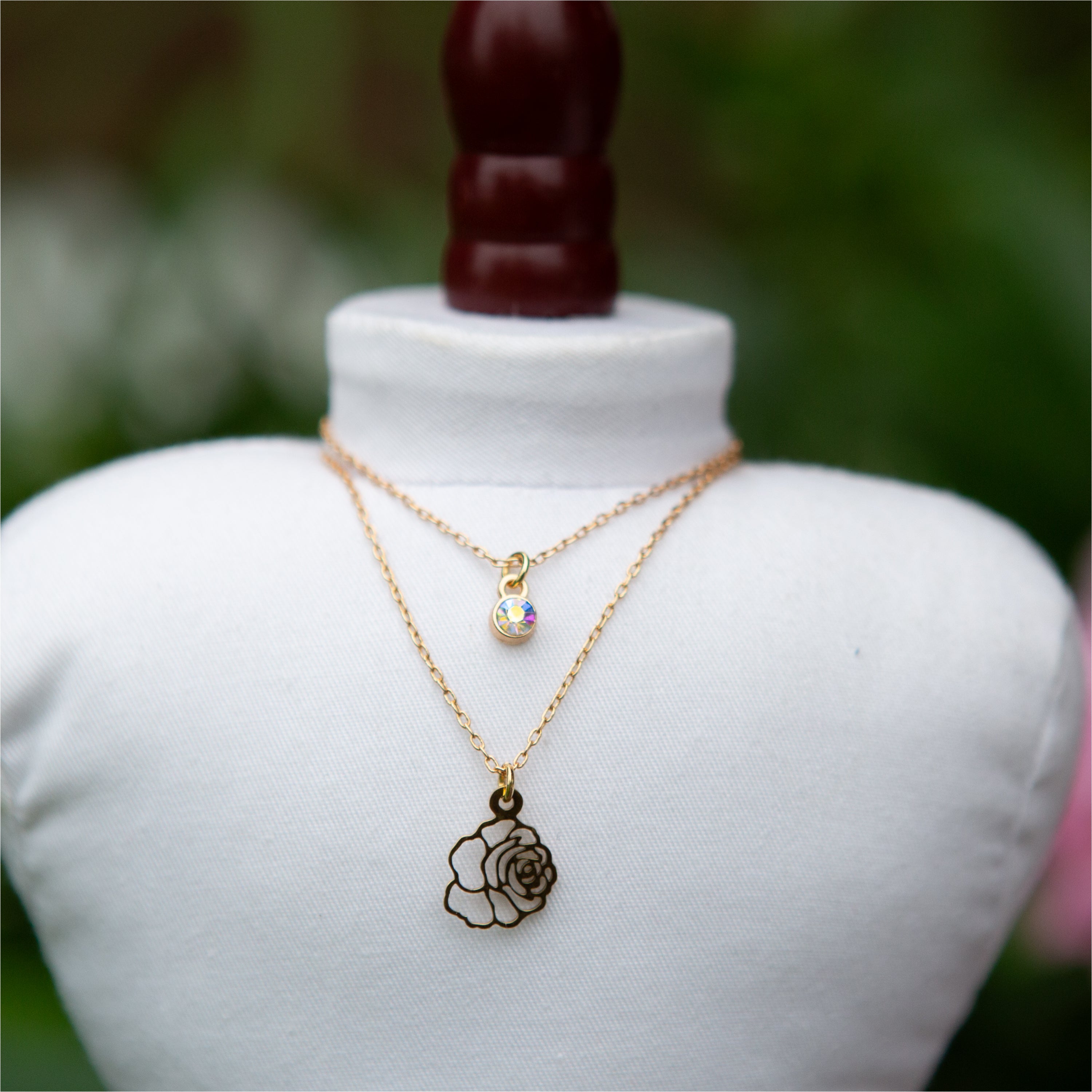 Double Chain Rose Charm Necklace